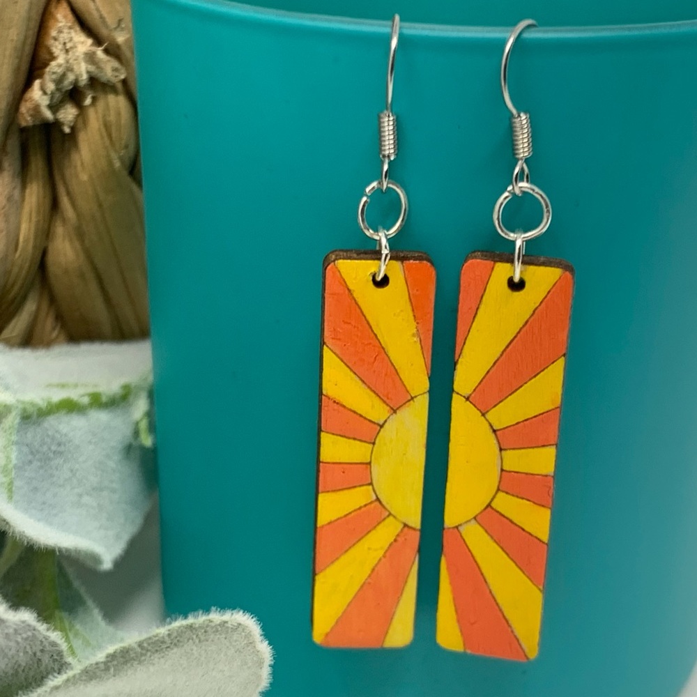 Engraved Sun ray hand painted wooden earrings